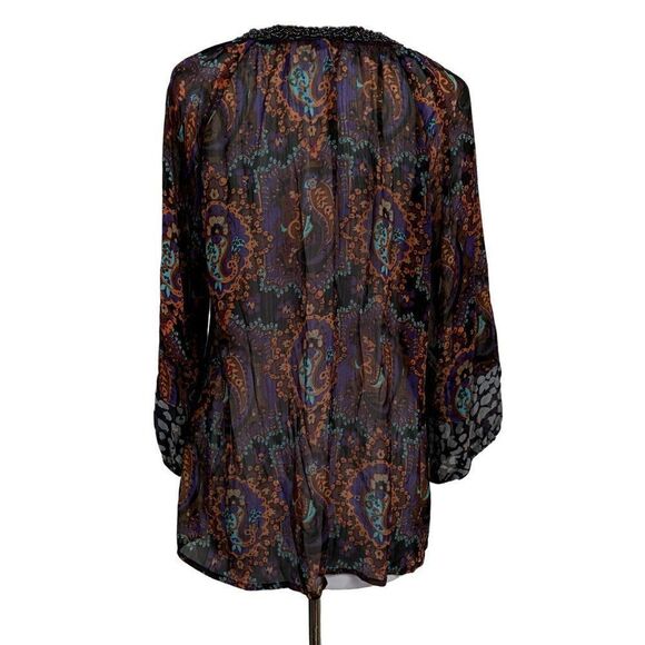 Figueroa & flower Sz L Beaded V-Neck Pop Art Print Semi Sheer Pullover Top - Picture 6 of 7